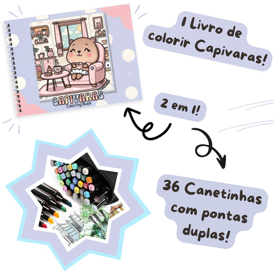 Kit Livro de Colorir + 36 Canetas Coloridas Capivaras Kids - Capivara Roxo Claro