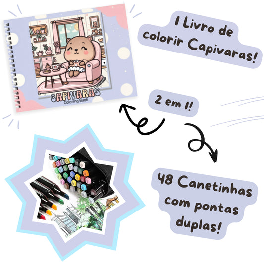 Kit Livro de Colorir + 48 Canetas Coloridas Capivaras Kids - Capivara Roxo Claro